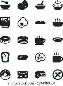 Solid Black Vector Icon Set - deep plate with a spoon vector, coffee, sausage, piece of cheese, eggs, loaf, cake hole, glazed, bowl buckwheat porridge, in saucepan, hot, cup tea, glass, fried egg