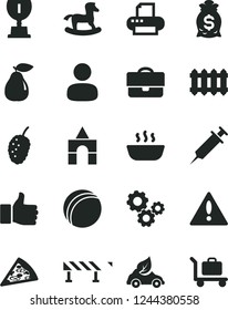 Solid Black Vector Icon Set - warning vector, bath ball, small rocking horse, box of bricks, new radiator, road fence, piece pizza, hot porridge, pear, tasty mulberry, eco car, portfolio, man, gears