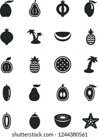 Solid Black Vector Icon Set - a pineapple vector, medlar, half of, mango, loquat, date fruit, sweet, kiwi, passion, tamarillo, guawa, piece coconut, ripe guava, part, palm tree, starfish