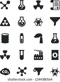 Solid Black Vector Icon Set - flask vector, manufacture, oil, barrel, industrial building, radiation, carbon dyoxide, filter, water, research article, test tube, molecule, nuclear, biohazard