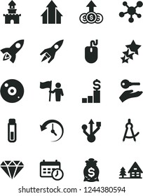 Solid Black Vector Icon Set - mouse vector, usb, cd, history, schedule clock, test tube, molecule, drawing compass, rocket, growth arrows, man hold flag, diamond, arm with key, dollar pedestal
