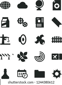 Solid Black Vector Icon Set - bookmark vector, loudspeaker, gears, fence, road, globe, package, tower crane, motherboard, folder, schedule clock, cloud, satellite, radar, biology, pawn, plane ticket