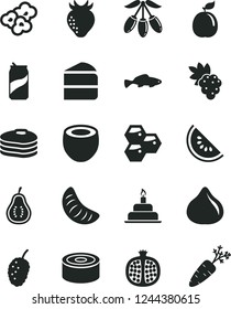 Solid Black Vector Icon Set - birthday cake vector, canned goods, piece of, popcorn, small fish, soda can, pancakes, honeycombs, half pomegranate, grape, strawberry, fig, tasty mulberry, goji berry