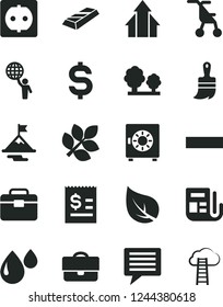 Solid Black Vector Icon Set - image of thought vector, minus, sitting stroller, wooden paint brush, portfolio, strongbox, leaf, power socket, trees, drop, denomination the dollar, article on