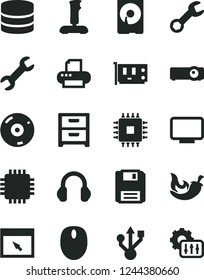 Solid Black Vector Icon Set - nightstand vector, chili, mouse, cpu, pc card, monitor, hdd, usb, cd, printer, headphones, browser, floppy, projector, joystick, big data, repair, settings