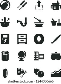 Solid Black Vector Icon Set - tassel vector, measuring cup for feeding, baby bath ball, toy sand set, plates and spoons, sewerage, city block, dangers, globe, nightstand, move up, barbecue, sushi