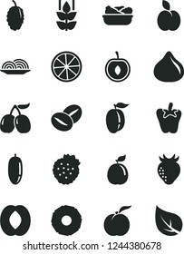 Solid Black Vector Icon Set - onion vector, lettuce in a plate, peper, coffee beans, strawberries, apple, mint, ripe peach, strawberry, fig, mulberry, tasty cornels, half, date fruit, plum, cherry