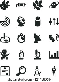 Solid Black Vector Icon Set - powder vector, microscope, zoom, settings, bacteria, flame, drawing compass, artificial insemination, growth graph, radar, robot, satellite antenna, Saturn, biology