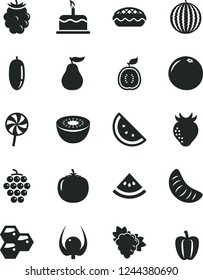 Solid Black Vector Icon Set - cake vector, apple pie, lollipop, orange slice, honeycombs, branch of grape, large, strawberry, blackberry, water melon, date fruit, tangerine, kiwi, half guawa