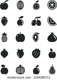 Solid Black Vector Icon Set - strawberries vector, apple, peach, ripe, half pomegranate, raspberry, strawberry, fig, medlar, blueberry, tasty cornels, melon, slice of water, mango, juicy lemon, part