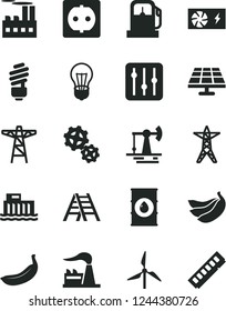 Solid Black Vector Icon Set - ladder vector, saving light bulb, regulator, banana, bananas, solar panel, working oil derrick, gas station, windmill, factory, hydroelectric, power line, pole, socket