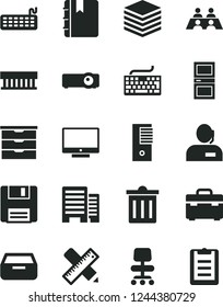 Solid Black Vector Icon Set - bin vector, keyboard, storage unit, suitcase, interroom door, buildings, writing accessories, notebook, screen, pile, drawer, dispatcher, conversation, radiator fan