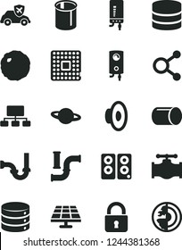 Solid Black Vector Icon Set - loudspeaker vector, sewerage, boiler, electronic, lock, big data, planet, cabbage, solar panel, valve, water pipes, autopilot, processor, pipe, connections, scheme