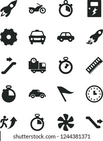 Solid Black Vector Icon Set - truck lorry vector, stopwatch, wind direction indicator, motor vehicle, dangers, timer, car, delivery, marine propeller, retro, rocket, space, wall watch, memory