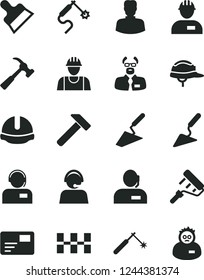 Solid Black Vector Icon Set - builder vector, workman, trowel, building, paint roller, ceramic tiles, construction helmet, putty knife, hammer, with claw, pass card, operator, welding, gas, woman