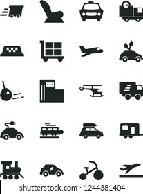 Solid Black Vector Icon Set - cargo trolley vector, car child seat, baby toy train, tricycle, core, delivery, modern gas station, environmentally friendly transport, electric, urgent, Express, plane