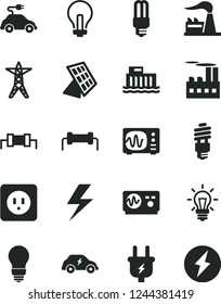 Solid Black Vector Icon Set - lightning vector, incandescent lamp, bulb, power socket type b, factory, hydroelectric station, line, plug, industrial building, energy saving, mercury light, transport