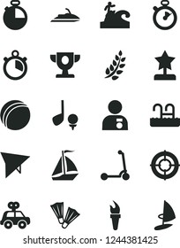 Solid Black Vector Icon Set - bath ball vector, motor vehicle present, child Kick scooter, timer, stopwatch, flame torch, laurel branch, prize, star reward, man with medal, aim, sail boat, pool