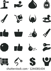Solid Black Vector Icon Set - cargo trolley vector, dollar, small rocking horse, big core, hand saw, arm, thumb up, shipment, cabbage, fig, half loquat, physalis, gas welding, shopping basket