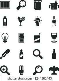 Solid Black Vector Icon Set - incandescent lamp vector, magnifier, zoom, measuring cup for feeding, mercury thermometer, e, window frame, interroom door, cocktail, glass, bottle of soda, jam, liquor