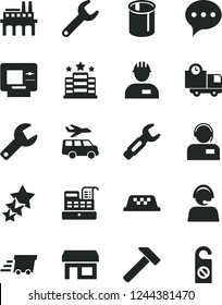Solid Black Vector Icon Set - repair key vector, workman, hammer, speech, delivery, operator, industrial enterprise, pipes, steel, stall, urgent cargo, cash machine, three stars, taxi, atm, hotel