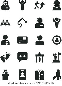 Solid Black Vector Icon Set - footprints vector, pass card, operator, folded shirt, racer, builder, gas welding, man in sight, think, conversation, scientist, winner, arrow up, hands, with medal