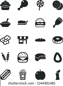 Solid Black Vector Icon Set - kiosk vector, stick of sausage, cheese, loaf, fried vegetables on sticks, Hot Dog, big burger, muffin, cake slice, with a hole, bowl buckwheat porridge, chicken leg