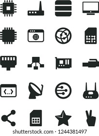 Solid Black Vector Icon Set - star vector, screen, satellite dish, SIM card, connection, hierarchical scheme, cpu, pc, router, network, browser, coding, lan connector, big data, victory hand