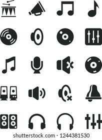 Solid Black Vector Icon Set - bell vector, horn, loudspeaker, silent mode, drumroll, headphones, microphone, music, CD, regulator, volume, no sound, pc speaker, note, settings
