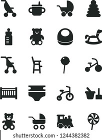 Solid Black Vector Icon Set - baby cot vector, mug for feeding, bottle, diaper, bib, stroller, carriage, summer, sitting, stacking rings, toy sand set, a chair child, teddy bear, small, bicycle