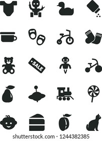 Solid Black Vector Icon Set - baby powder vector, Child T shirt, rubber duck, warm socks, children's potty, teddy bear, hairdo, toy train, yule, bicycle, tricycle, shoes for little children, pear