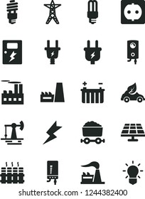 Solid Black Vector Icon Set - lightning vector, dangers, radiator, boiler, electronic, solar panel, working oil derrick, factory, battery, power line, plug, electric, socket, industrial building