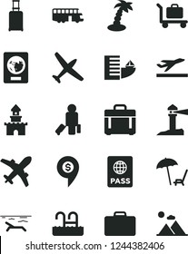 Solid Black Vector Icon Set - case vector, passport, coastal lighthouse, sand castle, dollar pin, plane, bus, passenger, suitcase, rolling, departure, hotel, beach, arnchair under umbrella, pool