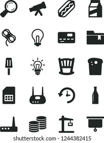 Solid Black Vector Icon Set - incandescent lamp vector, folder bookmark, cradle, hawser, package, coins, Easter cake, Hot Dog, popsicle, Construction crane, SIM card, Glass bottle, magnifier, router