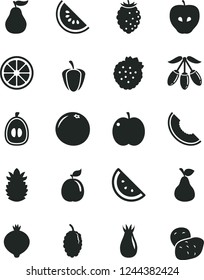 Solid Black Vector Icon Set - strawberries vector, pear, orange slice, apple, tasty, rose hip, medlar, raspberry, mulberry, of melon, water, goji berry, half loquat, juicy lemon, guava, grapefruit