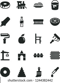 Solid Black Vector Icon Set - paint roller vector, stacking toy, a chair for feeding, baby train, box of bricks, bucket, wooden brush, bundle eggs, onion, cake with hole, bottle soda, guava, weaving