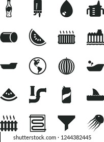 Solid Black Vector Icon Set - measuring cup for feeding vector, children's bathroom, bath, heating coil, electronic boiler, drop, soda can, bottle of, water melon, slice, pipes, planet Earth, pipe