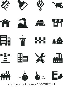 Solid Black Vector Icon Set - hook vector, big core, building trolley, small tools, buildings, city block, ceramic tiles, putty knife, spatula, paving slab, home, kiosk, factory, industrial, hotel