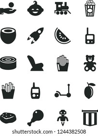 Solid Black Vector Icon Set - car child seat vector, toy phone, mobile, teddy bear, funny hairdo, baby train, Kick scooter, canned goods, chicken leg, piece of meat, French fries, cup popcorn, lemon