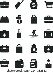 Solid Black Vector Icon Set - briefcase vector, paper bag, first aid kit, medical, portfolio, case, suitcase, package, cart, wallet, money, hand, backpacker, rolling, baggage
