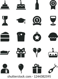 Solid Black Vector Icon Set - colored air balloons vector, balloon, birthday cake, gift, Easter, piece of, slice, torte, glass, bottle, gold cup, man with medal, graduate, star, pennant, ribbon