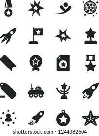Solid Black Vector Icon Set - bookmark vector, remove label, rocket, space, lunar rover, bang, star cup, reward, medal, flag, hero, certificate, stars around man, flying, disco ball, starfish