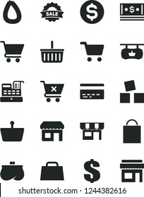 Solid Black Vector Icon Set - paper bag vector, grocery basket, bank card, dollar, cubes for children, cart, crossed, kiosk, stick of sausage, shopping, antique advertising signboard, purse, cash