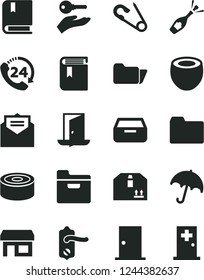 Solid Black Vector Icon Set - folder vector, book, open pin, e, door knob, ntrance, received letter, umbrella, drawer, cardboard box, 24, canned goods, half of coconut, stall, arm with key, exit