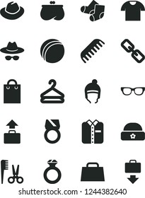 Solid Black Vector Icon Set - spectacles vector, hat, with glasses, bath ball, accessories for a hairstyle, comb, Knitted Socks, winter, warm, T shirt, folded, hanger, purse, bag, hand, diamond ring