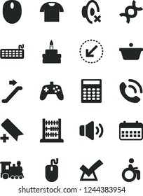 Solid Black Vector Icon Set - add bookmark vector, silent mode, abacus, left bottom arrow, volume, T shirt, phone call, birthday cake, pan, calendar, mouse, keyboard, joystick, dna, calculator