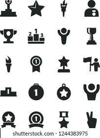 Solid Black Vector Icon Set - star vector, pedestal, flame torch, winner, podium, prize, gold cup, reward, man with medal, hold flag, first place, pennant, ribbon, hero, hands up, victory hand