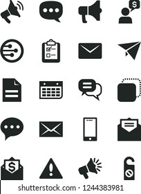 Solid Black Vector Icon Set - warning vector, envelope, scribbled paper, received letter, speech, smartphone, survey, megaphone, copy, loudspeaker, wall calendar, network, mail, dialog, plane, money
