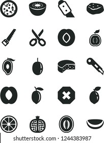 Solid Black Vector Icon Set - scissors vector, mark of injury, arm saw, knife, stationery, cheese, pizza, piece meat, half pomegranate, plum, mango, peach, melon, passion fruit, lemon, juicy, kiwi