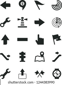 Solid Black Vector Icon Set - upward direction vector, right, left, wind indicator, minus, index finger, flag, move up, lighthouse, repair, radar, cross flags, dollar pin, escalator, map, signpost